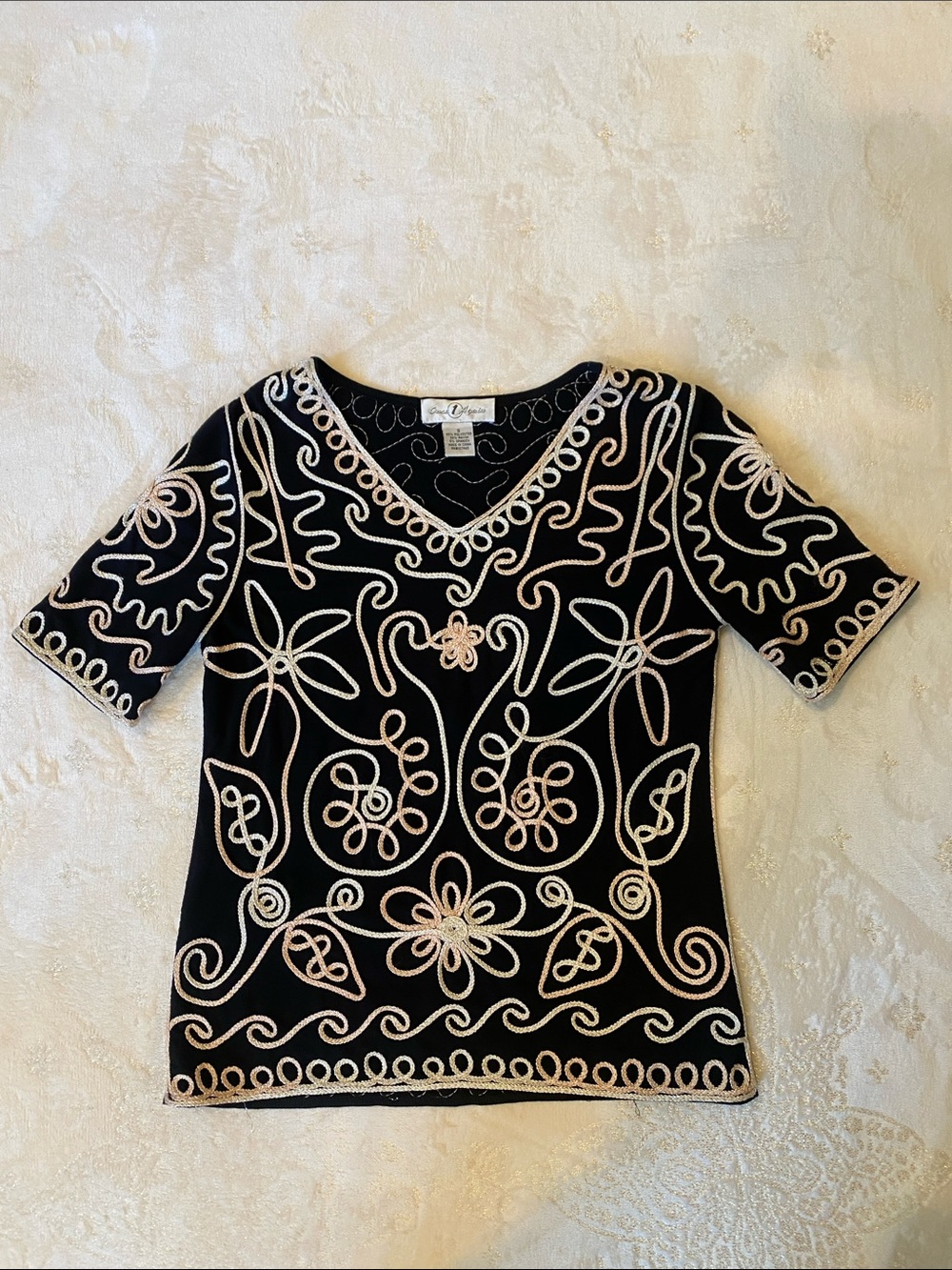 Once 1 Again Womens  3/4 Sleeves Embroidered V-Neck Black Top with Cream Trim